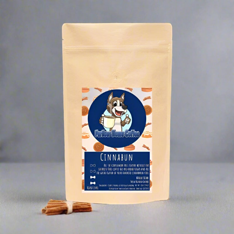 12oz bag of Cinnabun Coffee whole beans, aromatic and perfect for a fresh grind.